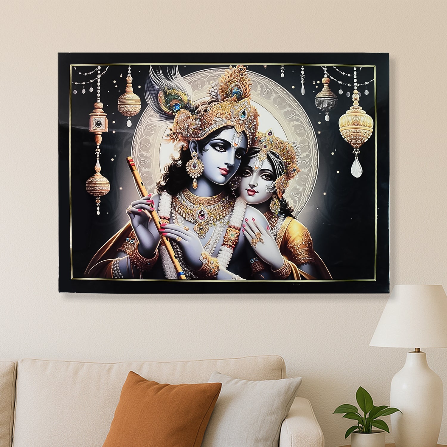 Lord Krishna and Radha Wall Painting with Wooden Frame 60x45 Cm Approx (1 Pc / Mix Design)