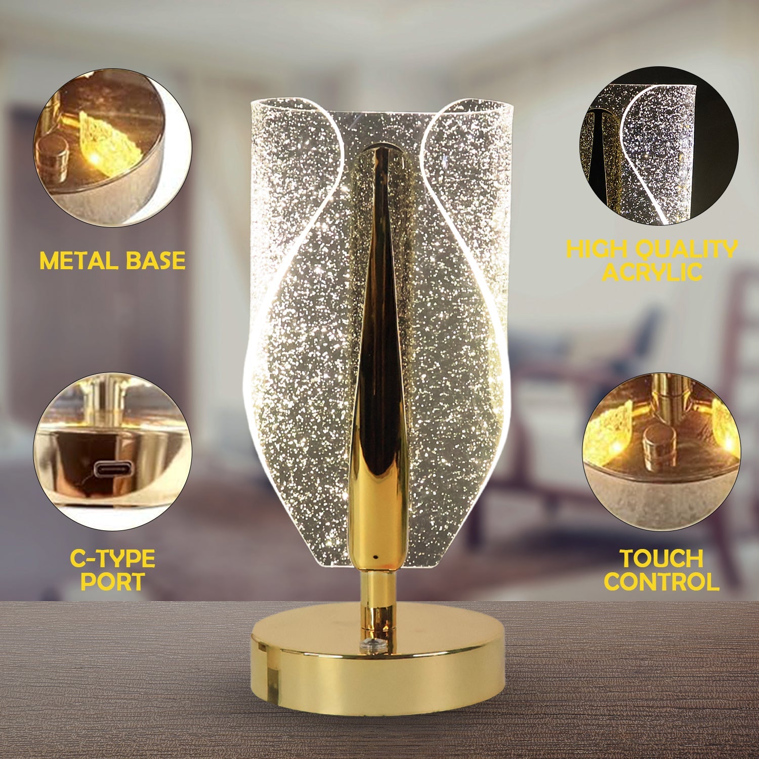 Luxury Crystal Table Lamp with USB Charging (1 Pc)